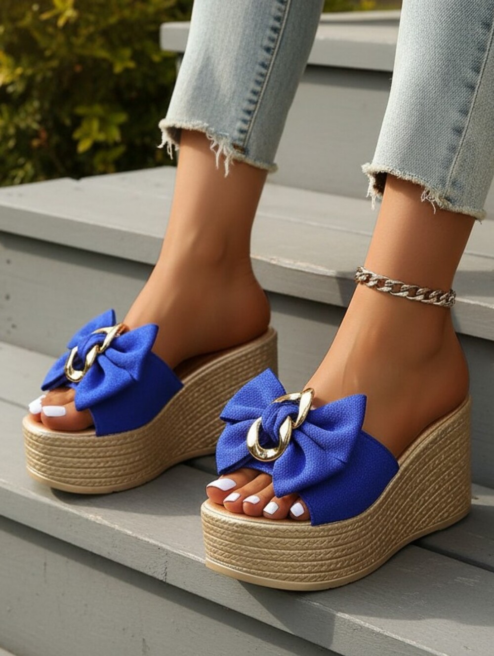Gold Chain Oversized Bow Platform Open Toe Shoes Slip On Coquette Sandals Blue